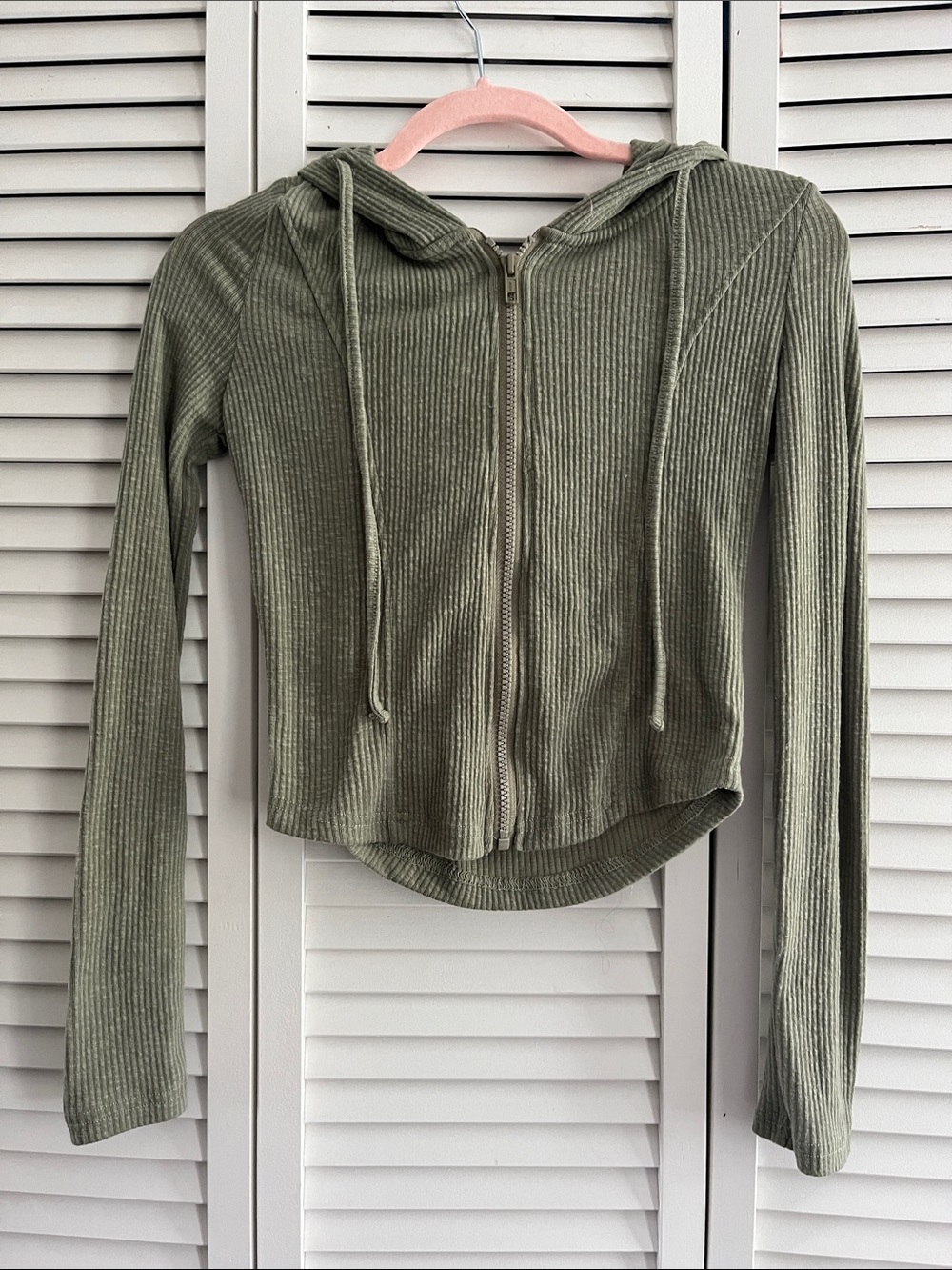 SHEIN Olive Green Ribbed Zip-Up Hoodie